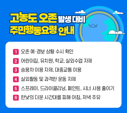 고농도 오존 발생 대비 주민행동요령 안내
1. 오존 예·경보 상황 수시 확인
2. 어린이집, 유치원, 학교, 실외수업 자제
3. 승용차 이용 자제, 대중교통 이용
4. 실외활동 및 과격한 운동 자제
5. 스프레이, 드라이클리닝, 페인트, 시너 사용 줄이기
6. 한낮의 더운 시간대를 피해 아침, 저녁 주유