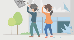 무너지는 건물 밖에 나와 가방으로 머리를 보호하는 이미지