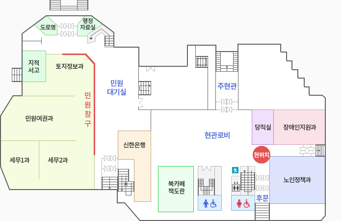 오른쪽 상단부터 시계방향으로 당직실, 장애인지원과, 계단 및 문, 노인정책과, 계단 및 후문, 여자화장실, 계단(비상구), 엘리베이터, 남자화장실, 계단, 북카페 책도란, 신한은행, 계단 및 문, 민원창구, 세무2과, 세무1과, 민원여권과, 토지정보과, 지적서고, 계단, 도로명, 계단 및 문, 행정자료실, 민원대기실, 계단 및 문, 문화공간 뜨락 상부공간, 계단 및 주현관 입니다.