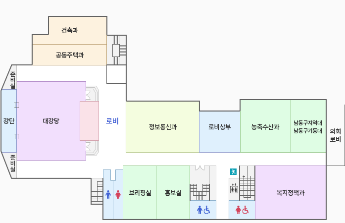 오른쪽 상단부터 시계방향으로 의회로비, 복지정책과, 여자화장실, 계단(비상구), 엘리베이터, 남자화장실, 계단, 홍보실, 브리핑실, 여자화장실, 남자화장실, 계단, 로비, 대강당, 준비실1, 강단, 준비실2, 건축과, 공동주택과, 계단, 정보통신과, 로비상부, 농축수산과, 남동구지역대-남동구기동대 입니다.