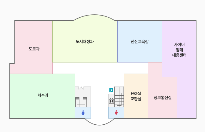 오른쪽 상단부터 시계방향으로 사이버침해대응센터, 정보통신실, FAX실 교환실, 여자화장실, 계단(비상구), 엘리베이터, 남자화장실, 계단, 치수과, 도로과, 도시재생과, 전산교육장 입니다.