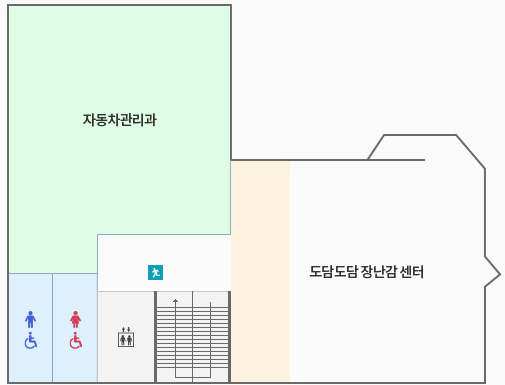 오른쪽 상단부터 시계방향으로 도담도담 장난감 센터, 계단(비상구), 엘리베이터, 여자화장실, 남자화장실, 자동차관리과 입니다.