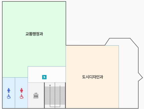 오른쪽 상단부터 시계방향으로 도시디자인과, 계단(비상구), 엘리베이터, 여자화장실, 남자화장실, 교통행정과입니다.