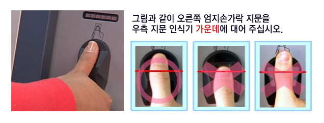 그림과 같이 오른쪽 엄지손가락 지문을 우측 지문 인식기 가운데에 대어 주십시오(지문인식 예시 그림)