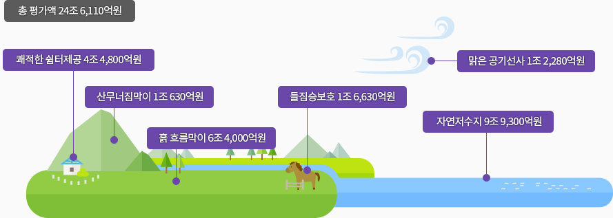 총평가액 24조6,110억원 : 쾌적한 쉼터제공 4조 4,800억원 / 산무너짐막이 1조 630억원 / 흙 흐름막이 6조 4,000억원 / 들짐승보호 1조 6,630억원 / 맑은 공기선사 1조 2,280억원 / 자연저수지 9조 9,300억원