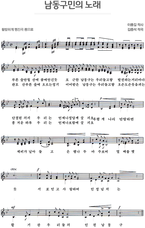 남동구민의 노래 : 이충길 작사, 김중석 작곡, 활발하게 행진곡 풍으로 : 1절 - 푸른 숲만월산에 품에 안긴듯 포근한 남동구는 우리들고향 발전하는 거리마다 단결된 의지 우리는 언제나 정답게 살지요 (후렴) 개나리 만발하면 제비가 날아들고 은행나무 마주보며 열매를 맺듯 서로믿고 사랑하며 인정넘치는 활기찬 우리들의 인천남동구 / 2절 - 관모산 푸른숲에 흐르는 정기 이어받은 남동구는 우리들고향 오손도손 웃음피는 흥겨운 하루 우리는 언제나 보람에 살지요 (후렴)반복