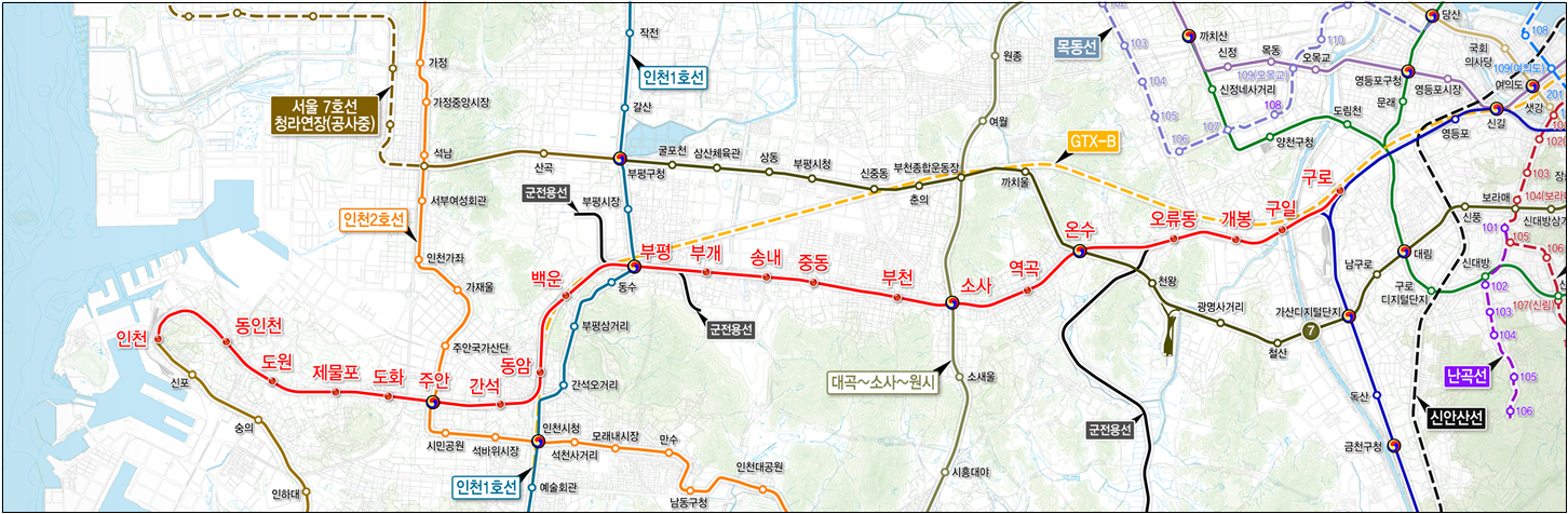 노선도 이미지. 인천-동인천-도원-제물포-도화-주안-간석-동암-백운-부평-부개-송내-중동-부천-소사-역곡-온수-오류동-개봉-구일-구로까지의 구간을 표시하고 있습니다.