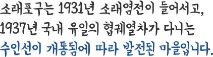 소래포구는 1931년 소래염전이 들어서고, 1937년 국내 유일의 협궤열차가 다니는 수인선이 개통됨에 따라 발전된 마을입니다. 